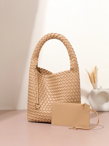 Bolso De Mano Tejido Para Mujer Cuero PU Gran Capacidad Hobo Tote Con Bolsa Moda Estilo Casual Simple