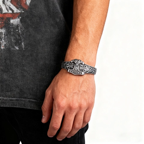 Bracciale Vichingo Martello Di Thor Mjolnir Acciaio Inossidabile Uomo Retrò Mitologia Norrena Nodo Celtico Sbalzato Polsino Aperto
