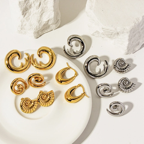 Minimalist Stainless Steel Earrings Irregular Wave Conch Nautilus Spiral Shape 18K Gold Plated Studs Fashion Accessories