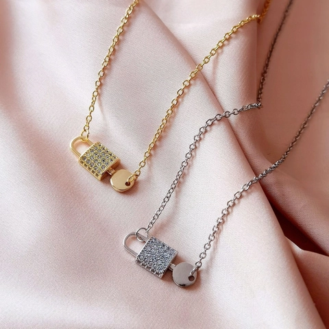 Copper Zirconia Padlock Key Pendant Necklace For Women Elegant 14K Gold Silver Plated Fashion Clavicle Necklace Jewelry