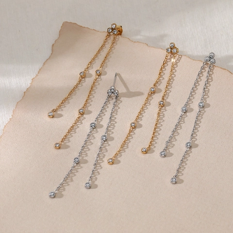 Lange Quasten Ohrringe Edelstahl Zirkon Doppel Kette Hängen Elegant Schmuck Für Frauen Ästhetisch Geometrisch PVD Plattiert