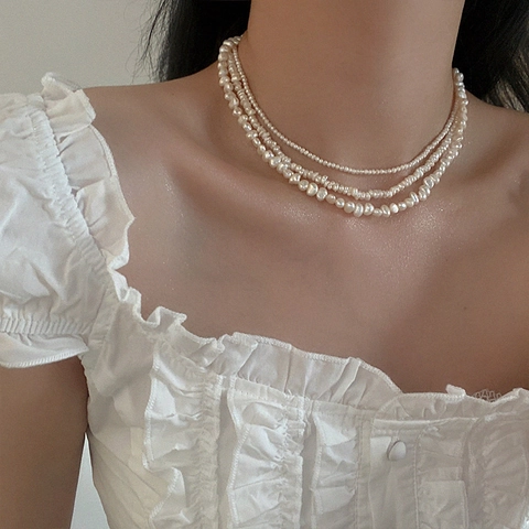 Freshwater Pearl Necklace For Women French Retro Baroque Elegant Minimalist Gold Plated Clavicle Chain Layered Jewelry