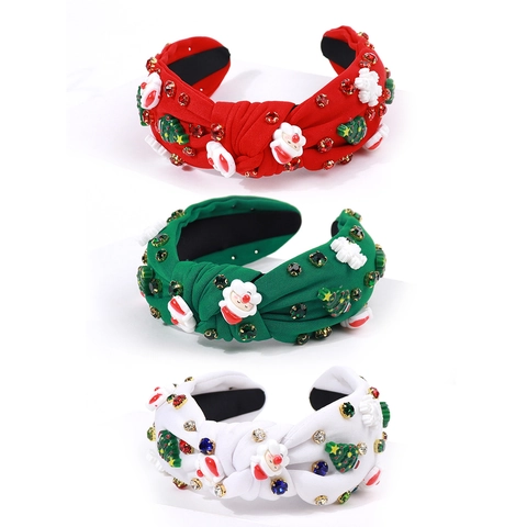 Bandeau De Noël Noué Large Tissu Résine Père Noël Arbre Flocon De Neige Strass Accessoire De Fête Pour Femmes