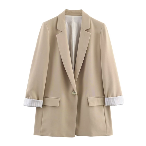 Chaqueta Blazer Para Mujer Color Sólido Poliéster Botón Único Solapa Puños Rayados Business Casual Elegante