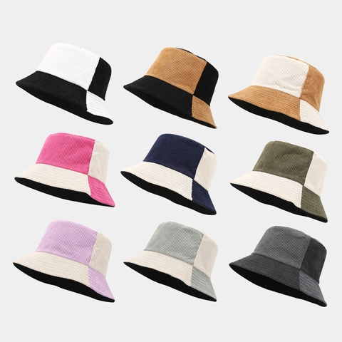 Bucket Hat Retro Corduroy Patchwork Kontrastfarbe Sonnenschutz Lässig Mode Outdoor Beckenhut Für Damen Herren