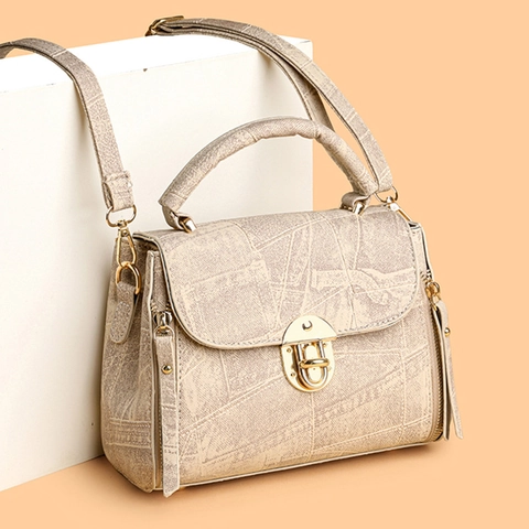 Women Retro Shoulder Bag PU Leather Multi Compartment Top Handle Gold Metal Lock Crossbody Daily Fashion Textured Handbag