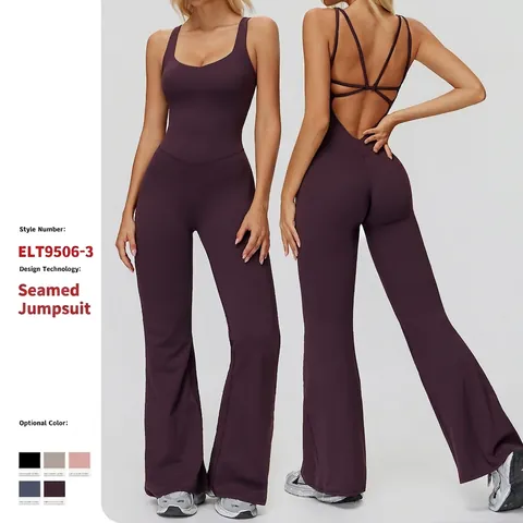 Dames Yoga Jumpsuit Uitlopende Pijp Sportkleding Mouwloos Kruislingse Rug Geborstelde Stof Bodysuit
