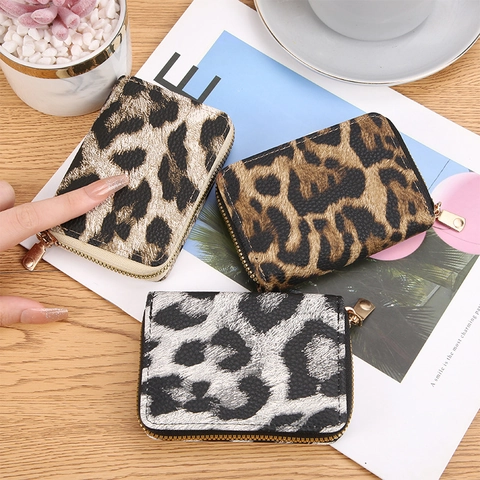 Women Leopard Print Accordion Card Holder PU Leather Mini Zipper Coin Purse Multi Slot Fashion Wallet