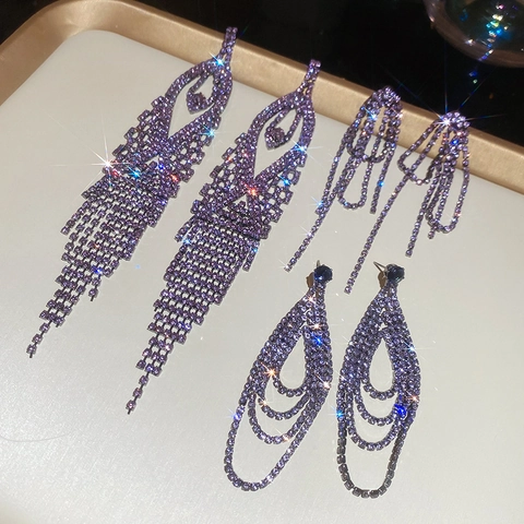 Orecchini Nappa Strass Viola Multistrato 925 Sterling Silver Earring Post Rame Goccia D'Acqua Lusso Gioielli Donna