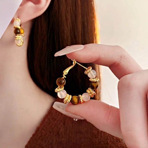 Vintage Round Tiger Eye And Artificial Cat's Eye Beaded Hoop Earrings For Women Gold Plated Copper Stud Earrings Retro Jewelry