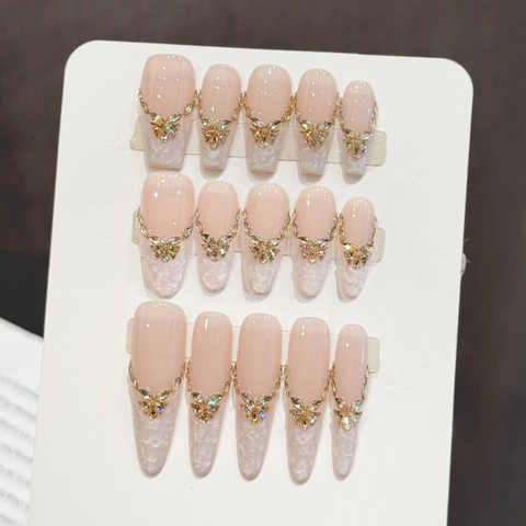 Handmade Nude Pink Lace Press On Nails With Gold Butterfly Rhinestone Decorative Long Coffin Oval Nail Art For Women