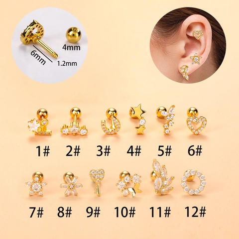Roestvrijstalen Oorkraakbeen Studs Koper Ingelegd Zirconia Ster Hart Vlinder Vorm Helix Tragus Piercing Vrouwen