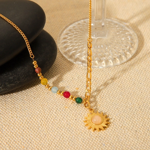 Sun Pendant Necklace 18K Gold Plated Stainless Steel Asymmetric Colorful Stone Beads Vintage French Style For Women