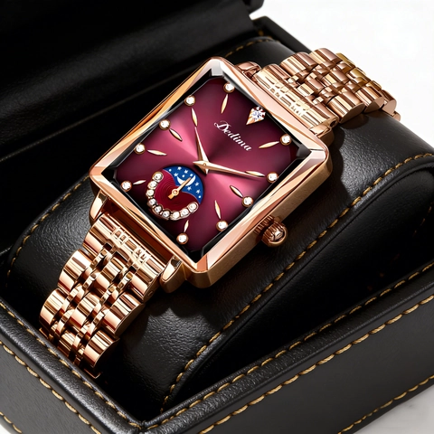 Fashion Rectangular Women Quartz Watch With Sun Moon Star Moonphase Rhinestone Accents Metal Strap Elegant Lady Wristwatch