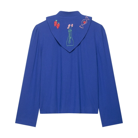 Damen Royalblau Bestickte Jacke Polyester Langarm Einreihig Revers Vintage Blume Erdbeere Lässiges Oberteil