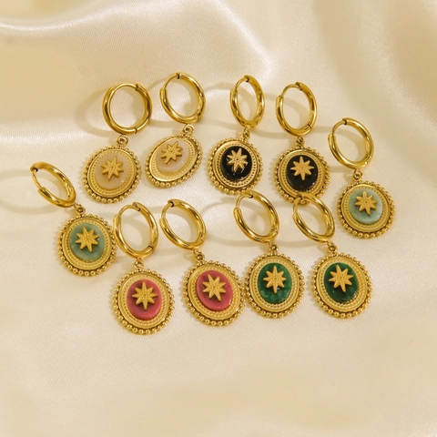 Bohemian Retro Starburst Pendant Earrings Stainless Steel Natural Stone Inlaid Gold Plated French Vintage Women Jewelry