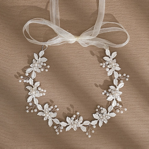 Handmade Artificial Pearl Rhinestone Bridal Hair Band Flower Headband Wedding Accessory With Ribbon For Women Jewelry