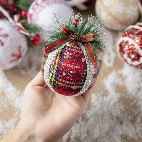 Christmas Tree Balls Ornaments Buffalo Plaid Fabric Foam Hanging Decoration With Pine Needles Cones Berries Rustic Vintage