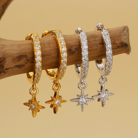 Orecchini a Cerchio con Ciondolo a Stella in Argento Sterling 925 per Donna Gioielli di Moda con Strass Micro Intarsiati