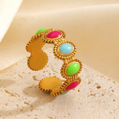 Vintage Geometric Oval Colorful Enamel Stainless Steel Ring Adjustable Opening Bohemian Fashion Jewelry For Women