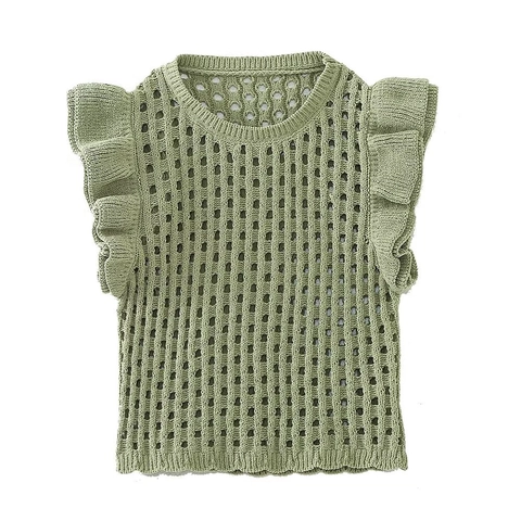 Damen Strickweste Ausgehöhlt Häkelmesh Rüschenärmel Rundhals Ärmelloses Top Vintage Ethno Stil