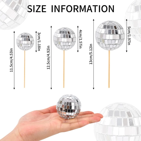 Mini Disco Ball Cake Topper Reflective Mirror Silver Decorative Insert Stick For Party Wedding Birthday Disco Theme