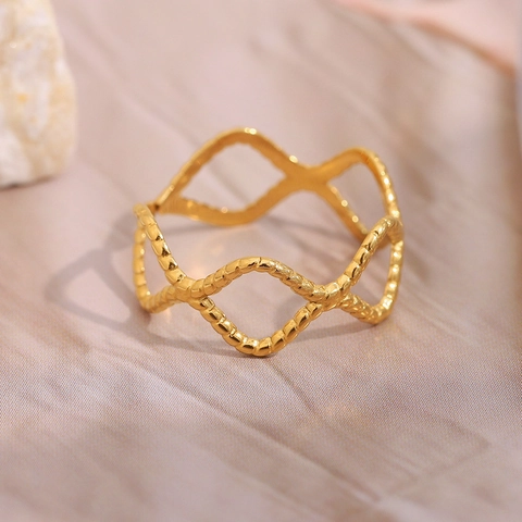 Rhombus Hollow Wave Open Ring 18K Gold Plated Stainless Steel Retro Geometric Minimalist For Women