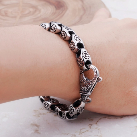 Bracciale In Acciaio Inossidabile 316L Punk Vintage Uomo Motivo Floreale Traforato Gioielli Gotici Spessi