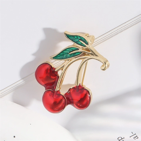 Broche Cerise Rouge Vintage pour Femmes Alliage de Zinc Émail Feuille Revers Pin Mode Mignonne Accessoires de Pull Bijoux