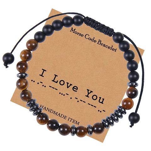 Morse Code Bracelet Handmade Natural Tiger Eye Matte Black Stone Adjustable Braided Rope Jewelry Gift For Men Women