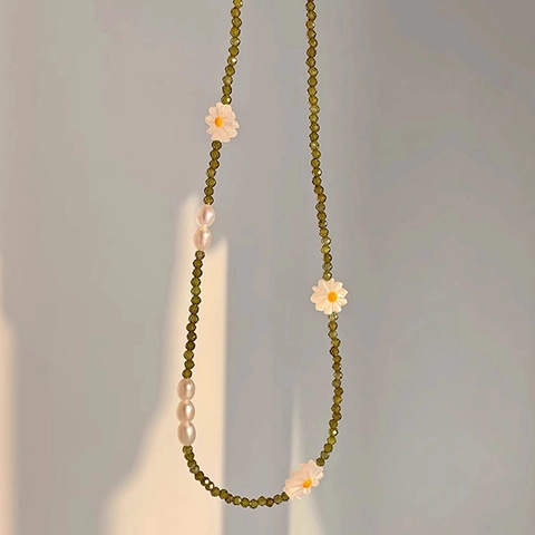 S925 Sterling Silver Green Zirconia Daisy Freshwater Pearl Beaded Necklace And Bracelet Pastoral Style Fresh Jewelry