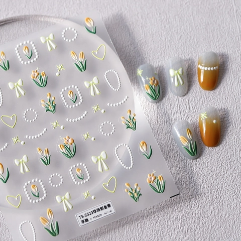 5D Relief Nail Art Stickers Tulip Artificial Pearl Bow Self Adhesive Embossed Decals Manicure Decoration Elegant Style
