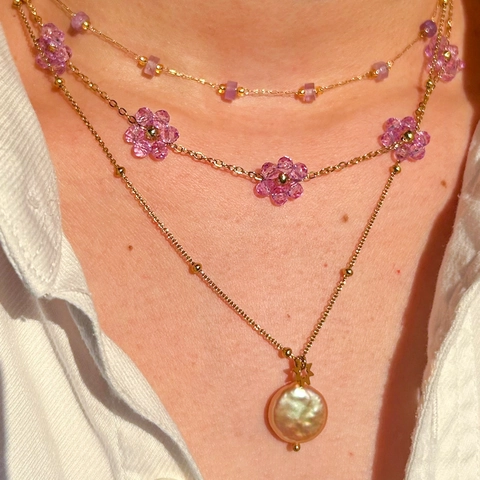 Collana Con Pendente In Perla Artificial Barocca Acciaio Inossidabile Placcato Oro Stella Fiore Zircone Gioielli Eleganti Donna