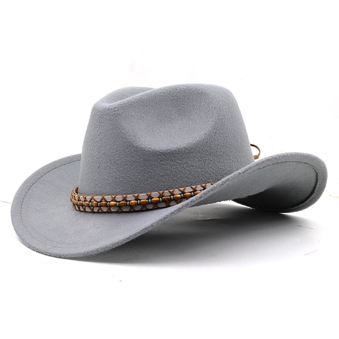 Western Cowboy Hat Polyester Felt Wide Brim With Wood Beads Woven Band Retro Fedora Jazz Style Adjustable For Men Women
