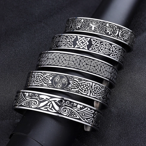Manchetarmband Viking Keltische Knoop Levensboom Vintage Noors 316L Roestvrij Staal Verstelbare Open Armring