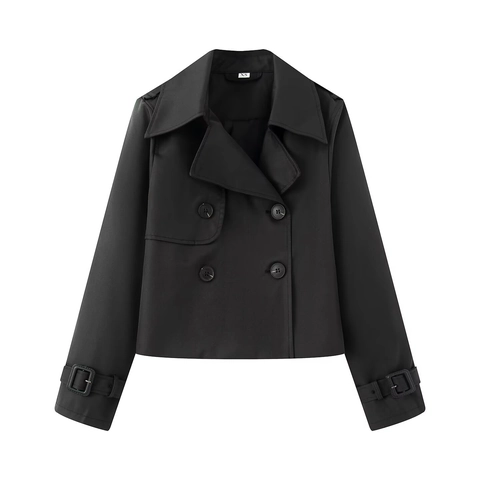 Dames Korte Trenchcoat Double Breasted Revers Jas Effen Kleur Streetwear Bovenkleding Verstelbare Manchetten Lange Mouw Mode