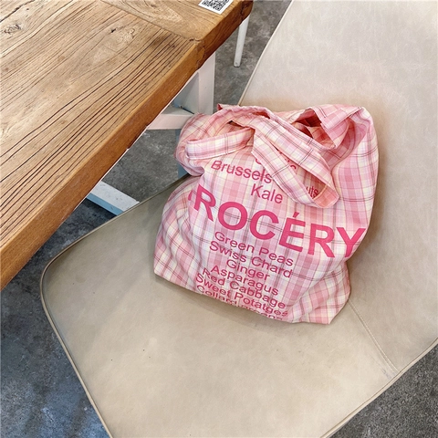 Borsa Tote A Quadretti Stile Tela In Poliestere Grande Capacità Borsa A Spalla Grocery Letter Print Sweet Retro Donna