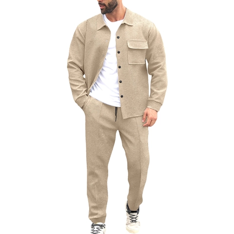 Hommes Décontracté Chemise À Revers Et Pantalon Tenues Nid D'abeille Texturé Couleur Unie Coupe Slim Automne