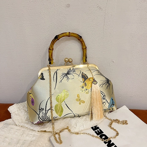 Vintage Chinese Style Satin Handbag Butterfly Embroidery Bamboo Handle Kiss Lock Clasp Tassel Crossbody Bag For Women