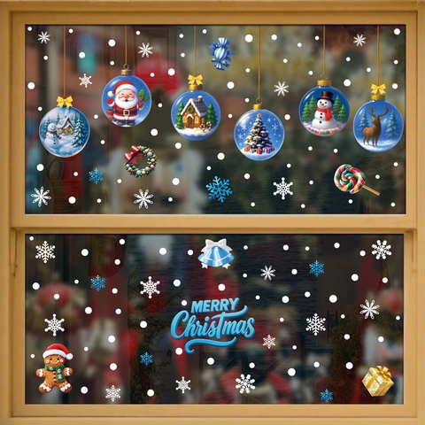Pegatinas Ventana Navidad PVC Estáticas Doble Cara Papá Noel Muñeco Nieve Copo Cristal Adhesivos Reutilizables Decoración