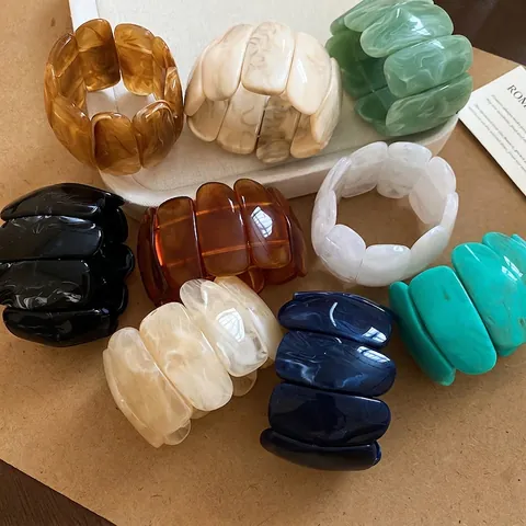 Retro Acrylic Resin Wide Stretch Bracelet Marble Tortoise Shell Texture Geometric Rectangular Bangle For Women