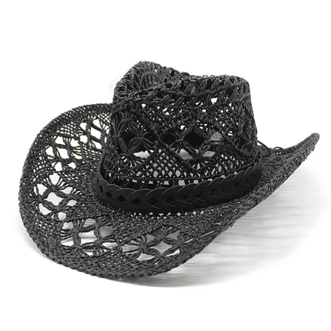 Western Retro Cowboy Hat Hollow Out Breathable Paper Straw Wide Brim Summer Beach Sunshade For Men Women
