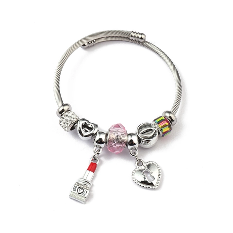 Fashion Charm Bracelet Stainless Steel Cable DIY Crystal Beads Heart Elephant Swan Pendants Women Jewelry