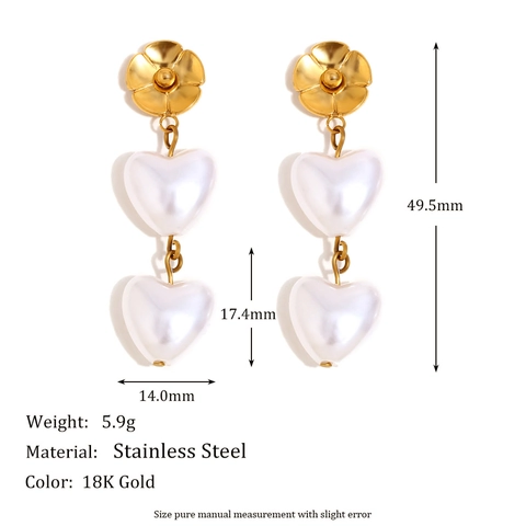 Flower Heart Artificial Pearl Dangle Earrings 18K Gold Plated Stainless Steel Elegant Vintage Niche Jewelry For Women