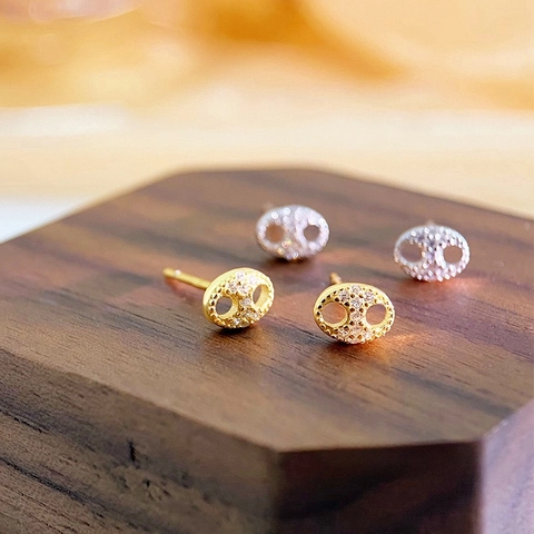 925 Sterling Silver Pig Nose Stud Earrings Fashion Minimalist Rhinestone Inlaid Coffee Bean Jewelry For Women