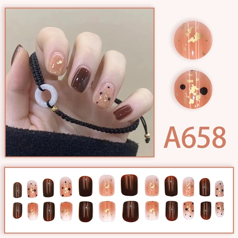 Rouge Gradient Press On Nails Mit Goldfolie Und Polka Dots Karamellbraun Kurze Künstliche Fingernägel Für Frauen DIY Maniküre
