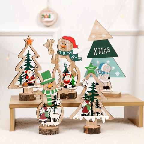 Noël Décorations En Bois Bureau Arbre Bonhomme De Neige Père Noël Renne Décor Festif Xmas Centre De Table Fête Vacances