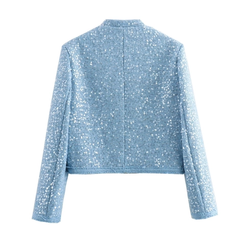 Veste En Tweed À Paillettes Pour Femmes Bleu Clair Manteau Court Manches Longues Élégant Style Célébrité