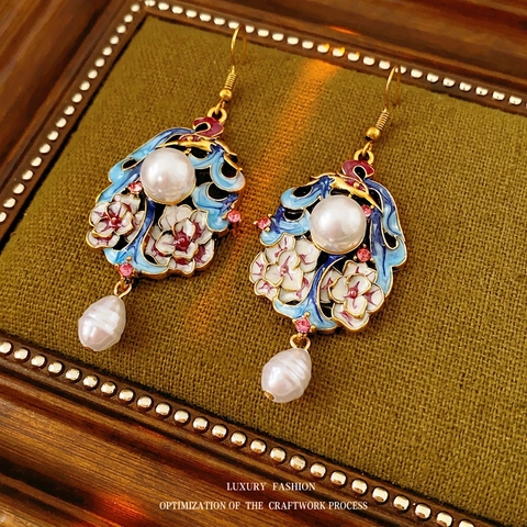 Vintage Cloisonne Enamel Floral Dangle Earrings With Faux Artificial Pearl Rhinestone Alloy And Steel Earring Post Ethnic Style