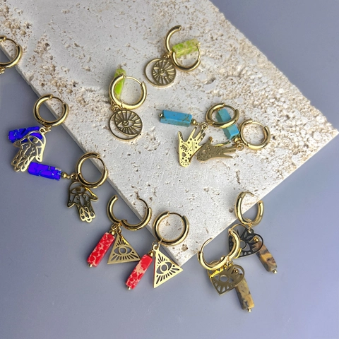 Boucles D'Oreilles Créoles Mauvais Œil En Acier Inoxydable Avec Pendentifs En Pierre Colorée Bijoux Bohèmes Hamsa Hand